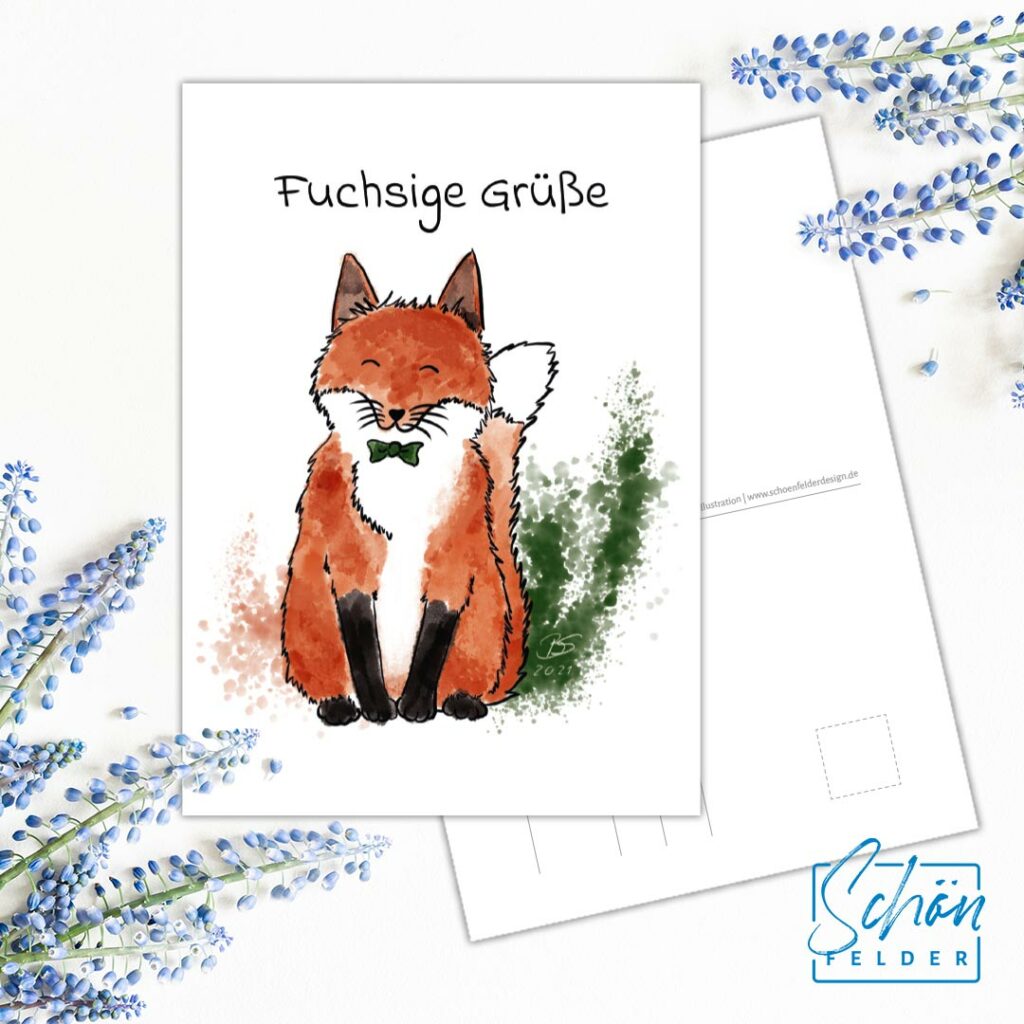 Fuchsige Grüße, Postkarte. Eine colorierte Zeichnung von einem niedlichen Fuchs, mit der Überschrift "Fuchsige Grüße".